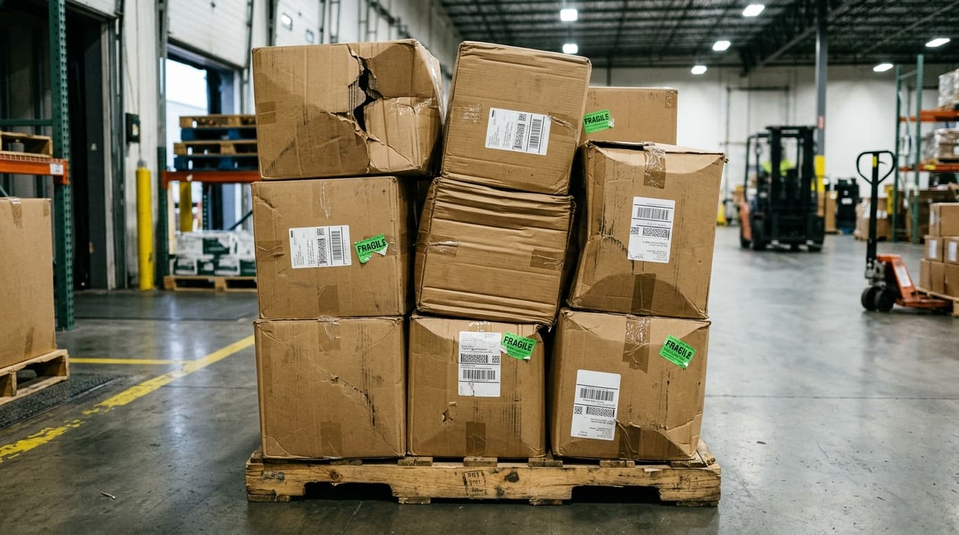 Illustrative photograph of freight damage in a warehouse