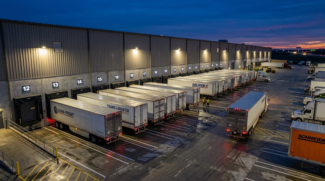 Warehouse logistics loading dock with tractor trailers